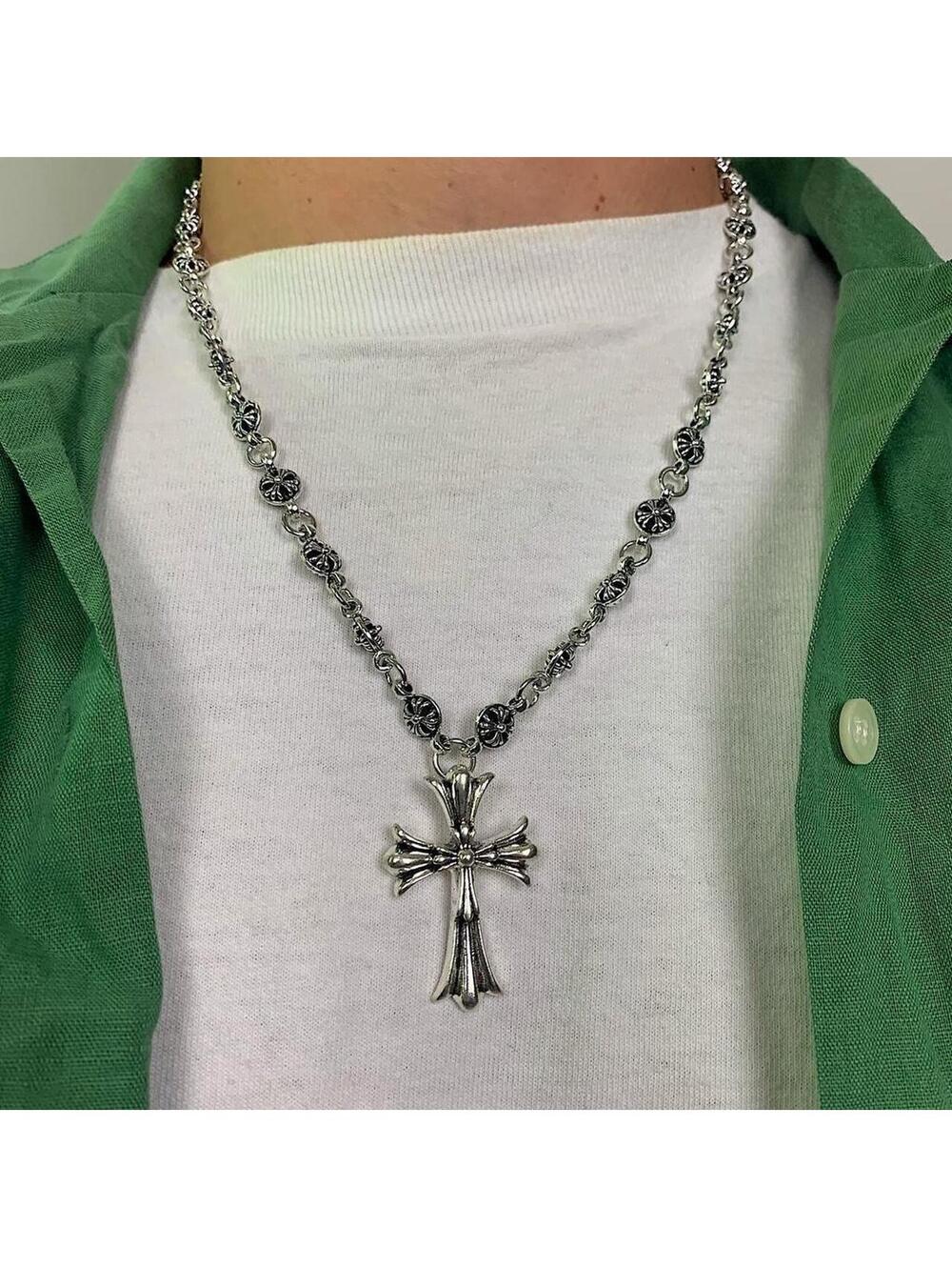 Grunge Cyber y2k silver gothic cross long necklace chain. 24 inches length.